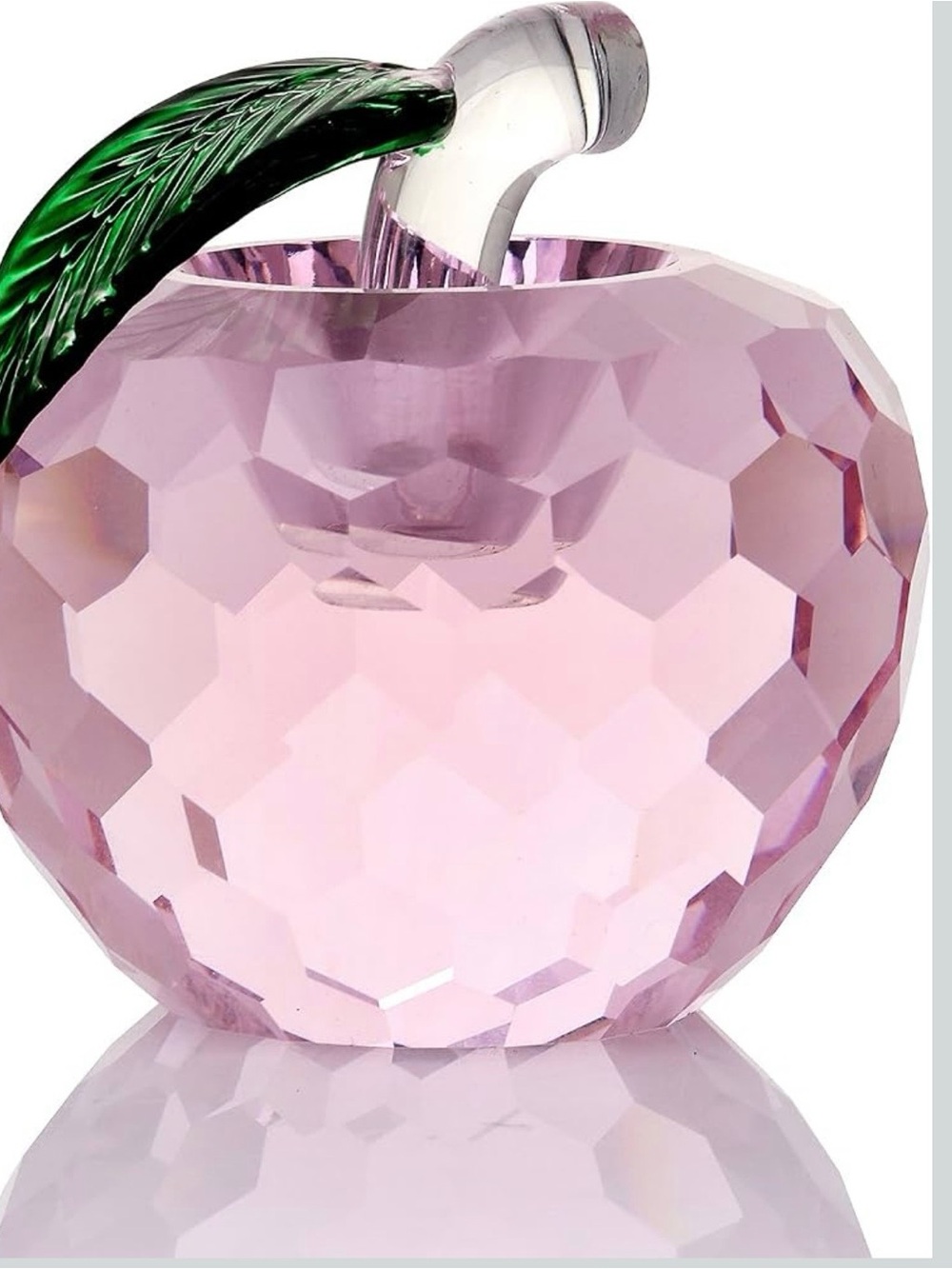 60mm(2.4”) Faceted Pink Crystal Apple with Green Stem Paperweight Home decor